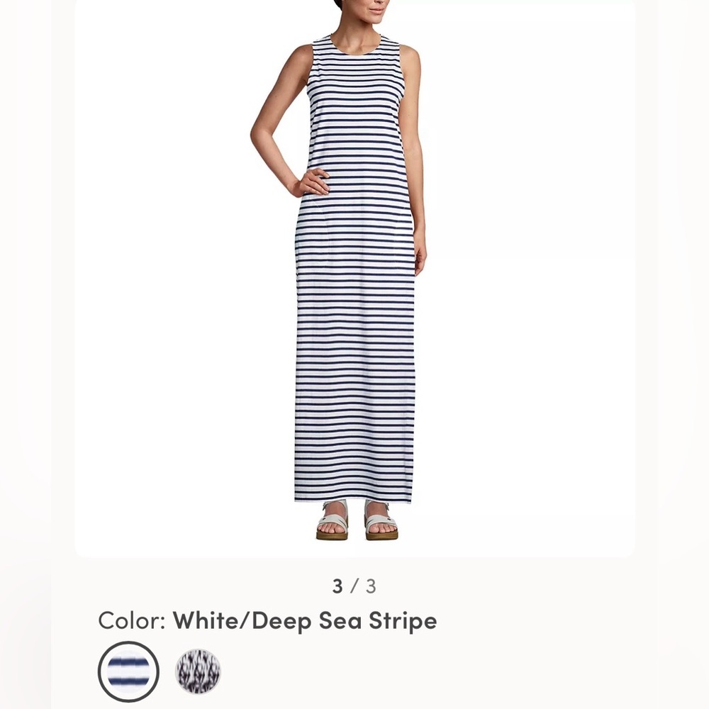 Lands' End White/Deep Sea Stripe Long Dress Size L 14-16 W/ Pockets & SideSlits